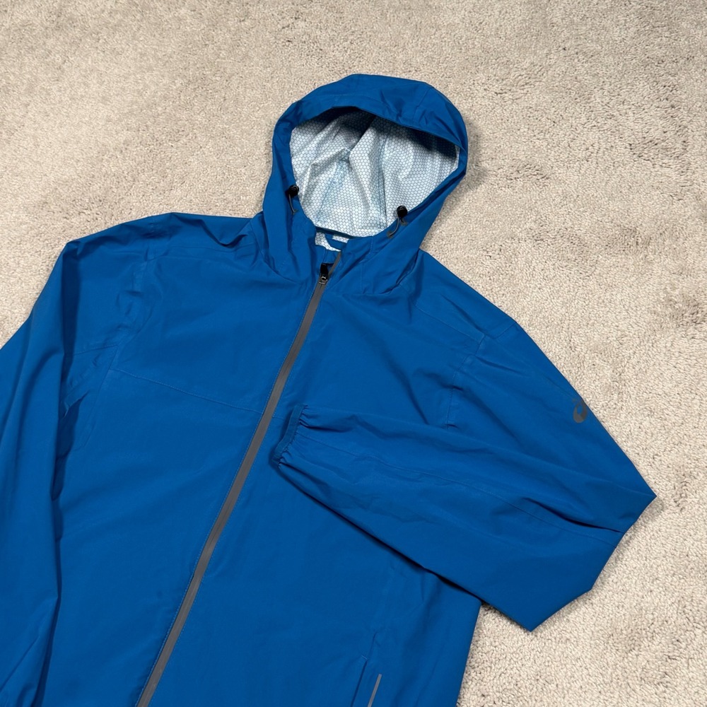 Asics Waterproof Running Jacket Blue Hooded Full Zip Mens L 2031C313